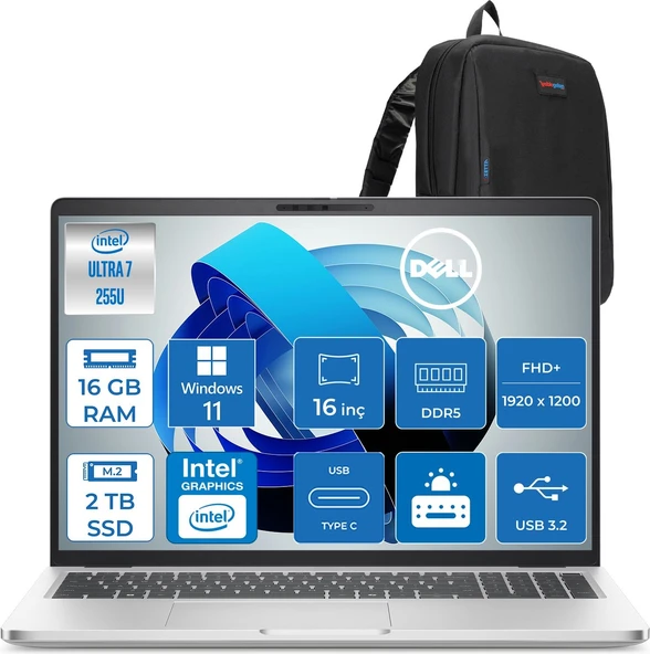 Dell Pro 16 Plus Intel Core Ultra 7 255U 5.2ghz 16GB Ddr5 2tb SSD Windows 11 Home Intel® Aı Boost 16 Inç IPS Fullhd+ (1920X1200) Taşınabilir Bilgisayar PB16250BTO105H04 + Zetta Çanta ürün görseli 1