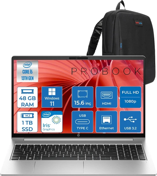 Hp Probook 450 G10 Intel Core I5 1334U 4.6ghz 48GB 1tb SSD Iris® Xe Graphics Windows 11 Pro 15.6" IPS Fullhd (1920X1080) 250NITS Taşınabilir Bilgisayar H9C8KE8ATP28 + Zetta Çanta ürün görseli 1