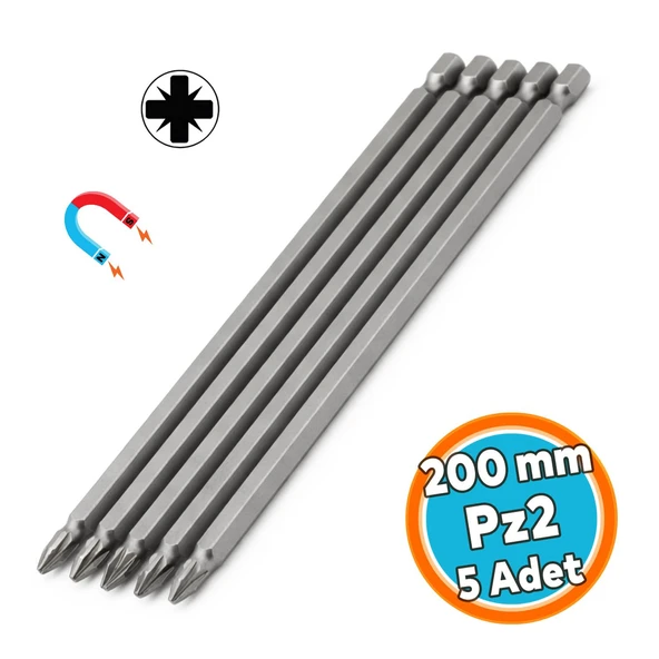Mıknatıslı 200 mm Pozidriv Bits Uç PZ2 Manyetik 1/4" Matkap Ucu 20 cm Güçlü Tayvan Çeliği (5 Adet) ürün görseli 1