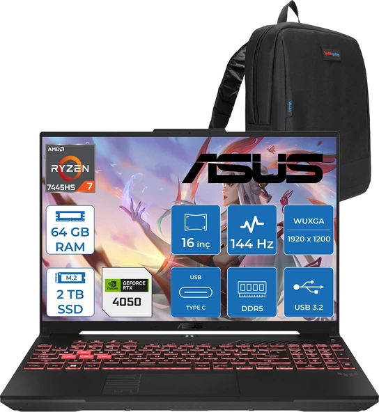 Asus Tuf Gaming A16 (FA607NUG-GAMING) Amd Ryzen™ 7 7445HS 64GB Ddr5 2tb SSD RTX4050/6GB 140W 16-Inch, Fhd+ 16:10 (1920 x 1200, Wuxga) 144Hz IPS Freedos Taşınabilir Bilgisayar RL125F24+ZETTAÇANTA ürün görseli 1