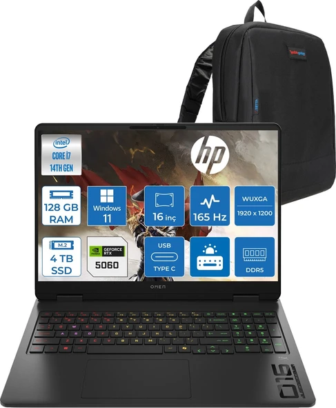 Hp Omen 16-AM0016NT Intel Core I7 14650HX 128GB Ddr5 4tb SSD RTX5060 Gddr7 8gb Windows 11 Pro 16 Inç Wuxga (1920 x 1200) 165HZ 3ms 400NIT 100% Srgb Taşınabilir Bilgisayar WBQ3R2EAP52 + Zetta Çanta ürün görseli 1
