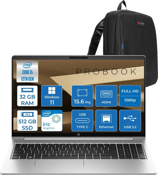 Hp Probook 450 G10 Intel Core I7 1355U 5ghz 32GB 512GB SSD Iris® Xe Graphics Windows 11 Home 15.6" IPS Fullhd (1920X1080) 250NITS Taşınabilir Bilgisayar H9969H2ETH17 + Zetta Çanta ürün görseli 1