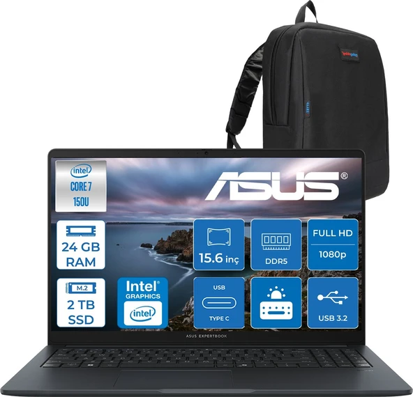 Asus Expertbook B1 B1503CVA-C78G512B4D Intel Core 7 150U 24GB Ddr5 2tb SSD 15.6"fhd 300NITS  (1920 x 1080)  Freedos Taşınabilir Bilgisayar C78G512B4DF09+ZETTAÇANTA ürün görseli 1