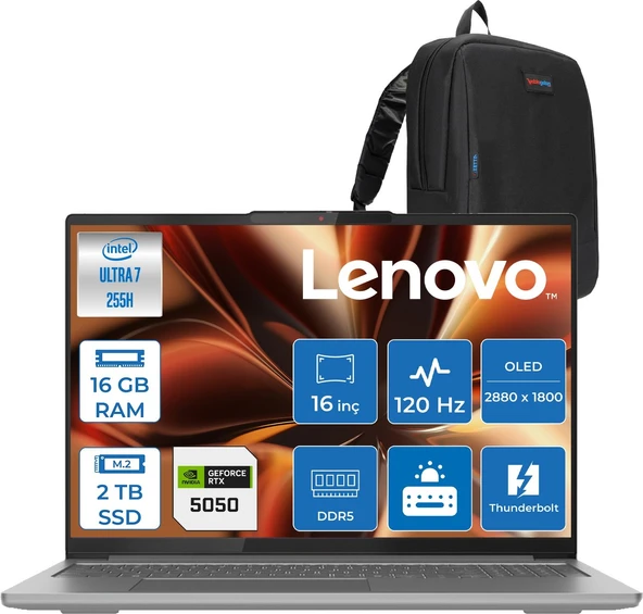 Lenovo Ideapad Pro 5 Intel Core Ultra 7 255H 16GB 2tb SSD 8GB/RTX5050 16" 2.8k (2880X1800) OLED 1100NITS 120Hz Windows 11 Home Taşınabilir Bilgisayar 16IAH10505H03 + Zettaçanta ürün görseli 1