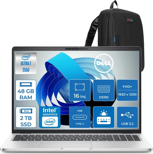 Dell Pro 16 Plus Intel Core Ultra 7 255U 5.2ghz 48GB Ddr5 2tb SSD Freedos Intel® Aı Boost 16 Inç IPS Fullhd+ (1920X1200) Taşınabilir Bilgisayar PB16250BTO105F24 + Zetta Çanta ürün görseli 1