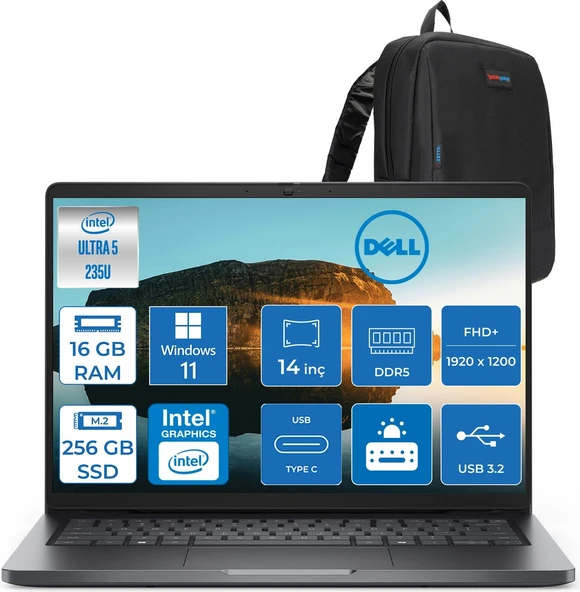 Dell Pro 14 Intel Core Ultra 5 235U 4.9ghz 16GB Ddr5 256GB SSD Windows 11 Pro Intel® Aı Boost 14 Inç IPS Fullhd+ (1920X1200) Taşınabilir Bilgisayar PC14250BTO113P01 + Zetta Çanta ürün görseli 1