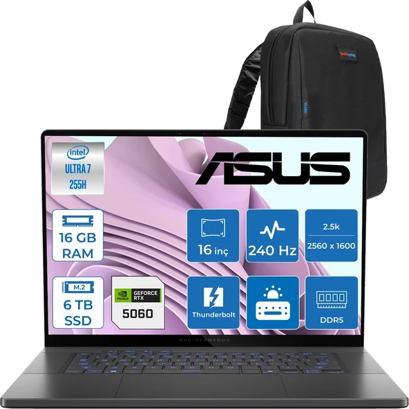 Asus Rog Zephyrus G16 (2025) Intel Core Ultra 7 255H 16GB 7467MHZ Ddr5 6tb SSD Freedos RTX5060 8gb Gddr7 105W Rog Nebula Display 2.5k (2560 x 1600, Wqxga) OLED 240Hz GU605CMQR064F06 ürün görseli 1