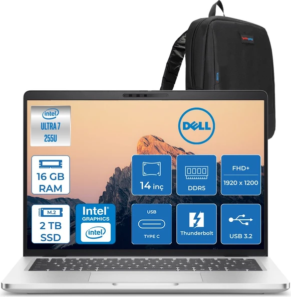 Dell Pro 14 Plus Intel Core Ultra 7 255U 5.1ghz 16GB Ddr5 2tb SSD Freedos Intel® Aı Boost 14 Inç IPS Fullhd+ (1920X1200) Taşınabilir Bilgisayar PB14250BTO110F04 + Zetta Çanta ürün görseli 1
