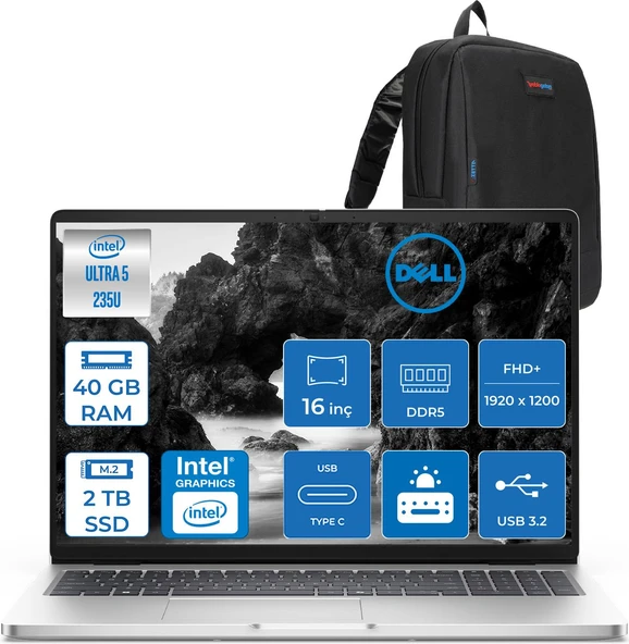 Dell Pro 16 Intel Core Ultra 5 235U 4.9ghz 40GB Ddr5 2tb SSD Freedos Intel® Aı Boost 16 Inç IPS Fullhd+ (1920X1200) Taşınabilir Bilgisayar PC16250BTO105F19 + Zetta Çanta ürün görseli 1