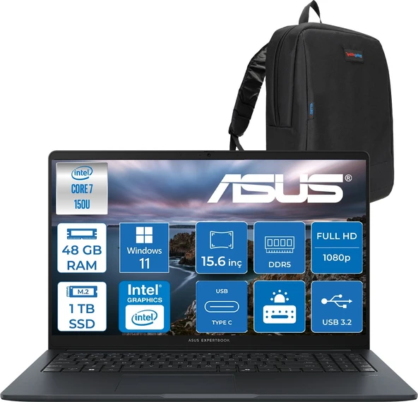 Expertbook B1 B1503CVA-C78G512B4D Intel Core 7 150U 48GB Ddr5 1tb SSD 15.6"fhd 300NITS  (1920 x 1080)  WIN11PRO Taşınabilir Bilgisayar C78G512B4DP18+ZETTAÇANTA