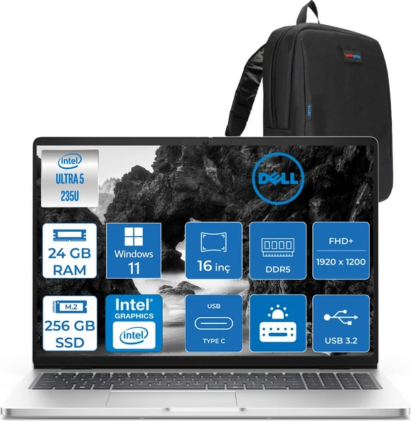 Dell Pro 16 Intel Core Ultra 5 235U 4.9ghz 24GB Ddr5 256GB SSD Windows 11 Pro Intel® Aı Boost 16 Inç IPS Fullhd+ (1920X1200) Taşınabilir Bilgisayar PC16250BTO105P06 + Zetta Çanta ürün görseli 1