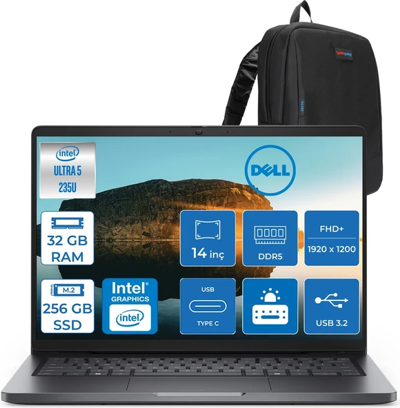 Dell Pro 14 Intel Core Ultra 5 235U 4.9ghz 32GB Ddr5 256GB SSD Freedos Intel® Aı Boost 14 Inç IPS Fullhd+ (1920X1200) Taşınabilir Bilgisayar PC14250BTO113F11 + Zetta Çanta ürün görseli 1