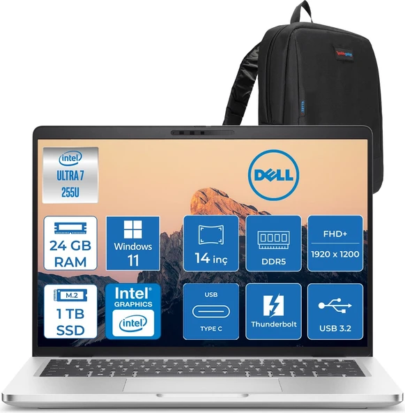 Dell Pro 14 Plus Intel Core Ultra 7 255U 5.1ghz 24GB Ddr5 1tb SSD Windows 11 Home Intel® Aı Boost 14 Inç IPS Fullhd+ (1920X1200) Taşınabilir Bilgisayar PB14250BTO110H08 + Zetta Çanta ürün görseli 1