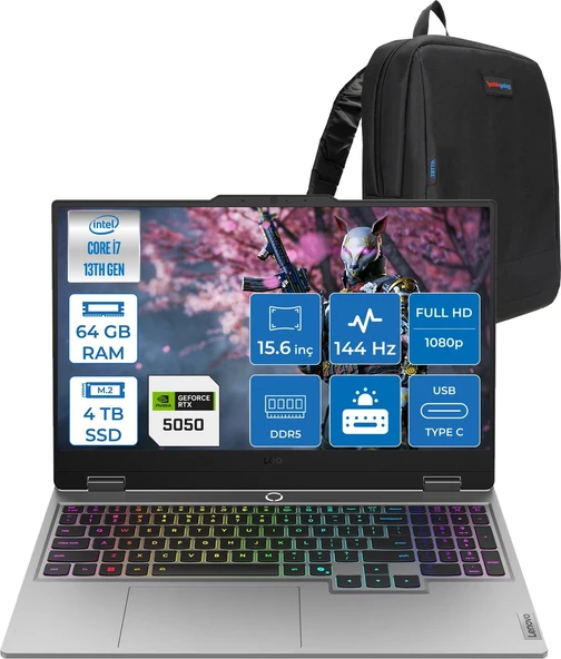 Lenovo Loq Intel Core I7 13700HX 64GB 4tb SSD 8GB/RTX5050/100W 15.6" Fhd IPS 300NITS 100% Srgb 144Hz Freedos Taşınabilir Bilgisayar 15IRX1050F24 + Zettaçanta ürün görseli 1