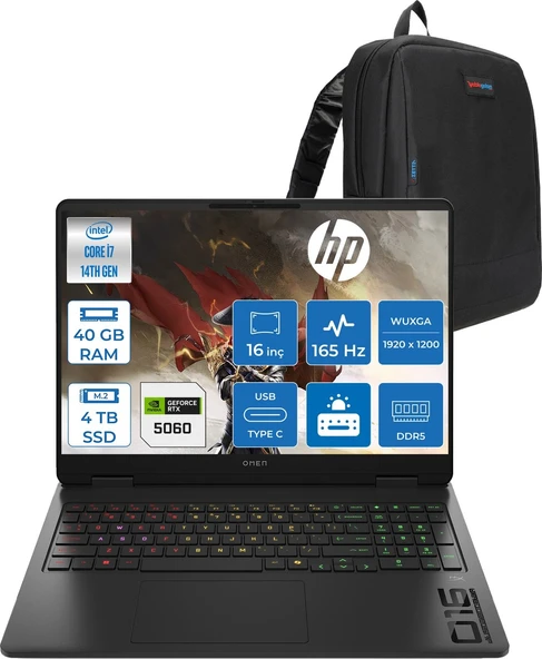 Hp Omen 16-AM0016NT Intel Core I7 14650HX 40GB Ddr5 4tb SSD RTX5060 Gddr7 8gb Freedos 16 Inç Wuxga (1920 x 1200) 165HZ 3ms 400NIT 100% Srgb Taşınabilir Bilgisayar WBQ3R2EAF22 + Zetta Çanta ürün görseli 1
