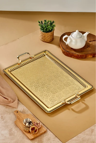 Cooker Metal Dikdörtgen Battal Boy Gold Sunum Tepsisi 60x40 cm CKR3544 ürün görseli 1