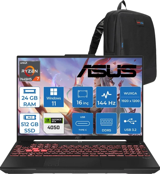 Asus Tuf Gaming A16 (FA607NUG-GAMING) Amd Ryzen™ 7 7445HS 24GB Ddr5 512GB SSD RTX4050/6GB 140W 16-Inch, Fhd+ 16:10 (1920 x 1200, Wuxga) 144Hz IPS WIN11PRO Taşınabilir Bilgisayar RL125P07+ZETTAÇANTA ürün görseli 1