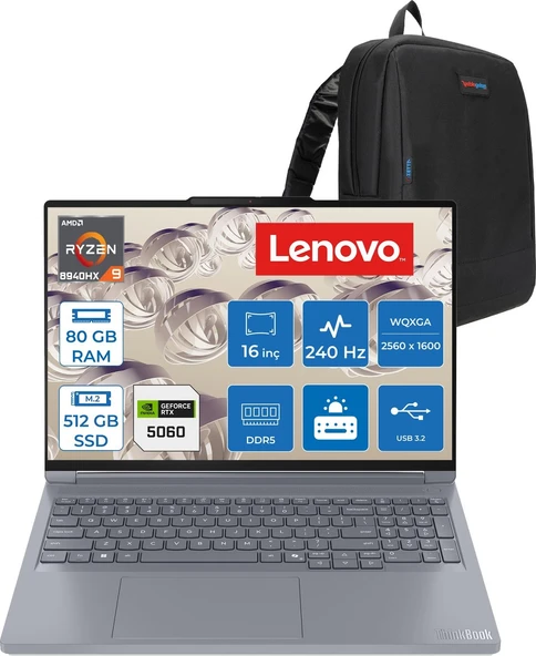 Lenovo Thinkbook 16P Gen6 Adr Amd Ryzen™ 9 8940HX Aı 80GB Ddr5 512GB SSD RTX5060/8GB 115W 16" Wqxga (2560X1600) IPS 500NITS 240Hz Hdr™ 400 Freedos Gaming Bilgisayar 21U00014TXF27+ZETTAÇANTA ürün görseli 1