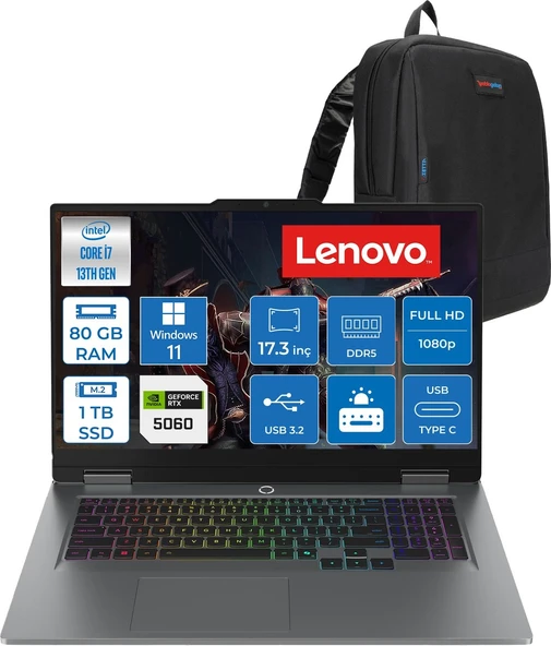Lenovo Loq 17IRX10 Intel Core I7 13650HX 80GB Ddr5 1tb SSD RTX5060 8gb 115W Windows 11 Pro 17.3 Inç Fhd (1920X1080) IPS 300NITS 165HZ 100% Srgb Taşınabilir Bilgisayar W83JH006ETRP38 + Zetta Çanta ürün görseli 1