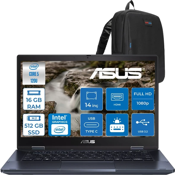 Asus Expertbook B3 Flip Intel Core 5 120U 16GB 512GB SSD Intel Graphics 14'' Fhd Dokunmatik Freedos Kalemli Katlanabilir Taşınabilir Bilgisayarr C58512B3DF01 + Zettaçanta ürün görseli 1