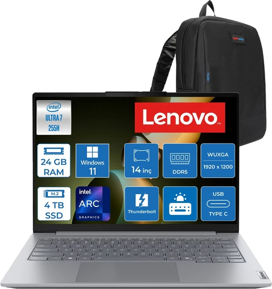 Lenovo Thinkbook 14 Gen8 Ial Intel Core Ultra 7 255H 5.1ghz 24GB Ddr5 4tb SSD Windows 11 Pro Intel Arc 140T 14 Inç Wuxga (1920 x 1200) IPS 300NITS Taşınabilir Bilgisayar 21SJ007ATXP12 + Zetta Çanta ürün görseli 1