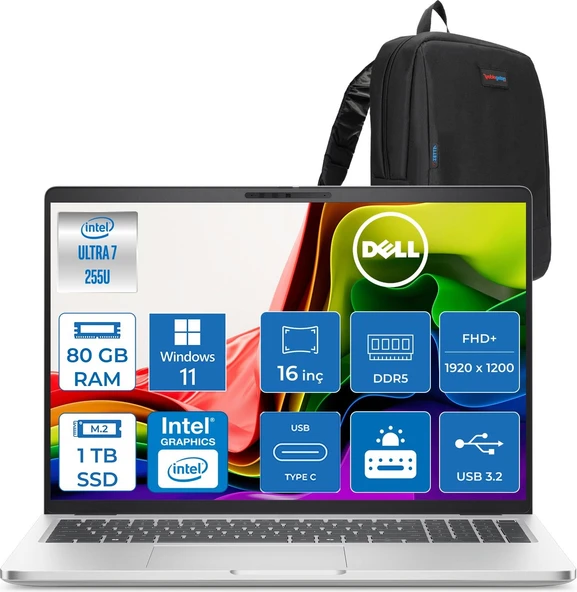 Dell Pro 16 Intel Core Ultra 7 255U 5.2ghz 80GB Ddr5 1tb SSD Windows 11 Home Intel® Aı Boost 16 Inç IPS Fullhd+ (1920X1200) Taşınabilir Bilgisayar PC16250BTO107H33 + Zetta Çanta ürün görseli 1