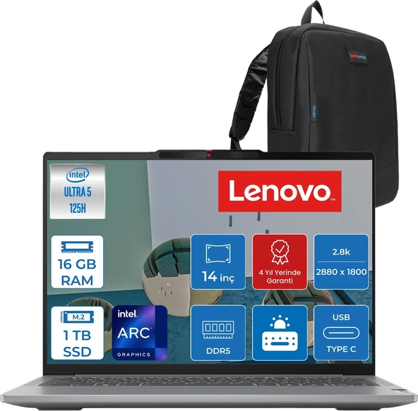 Lenovo Ideapad Pro 5 Intel Ultra 5 125H 16GB 1tb SSD Arc Graphi 14" 2.8k (2880X1800) OLED 400NITS 120hz Windows 11 Pro Taşınabilir Bilgisayar 83D2005ATRP02 + Zettaçanta ürün görseli 1