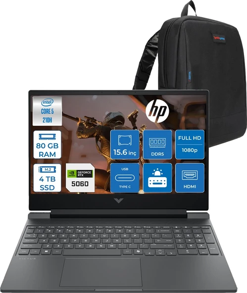 Hp Victus Gaming Intel® Core 5 210H Aı 80GB Ddr5 4tb SSD RTX5060/8GB 15.6"fhd  (1920 x 1080), 144 Hz, Ips, 300 Nits Freedos Gaming Bilgisayar C21SGEAF30+ZETTAÇANTA ürün görseli 1