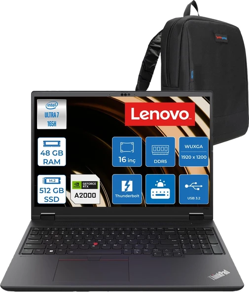 Lenovo Thinkpad P16V Gen 2 Intel Core Ultra 7 165H 48GB 512GB SSD 8GB/RTX2000/GDDR6 16" Wuxga IPS 400NITS Windows 11 Pro Taşınabilir Iş Istasyonu 21KX001MTXP17 + Zettaçanta ürün görseli 1