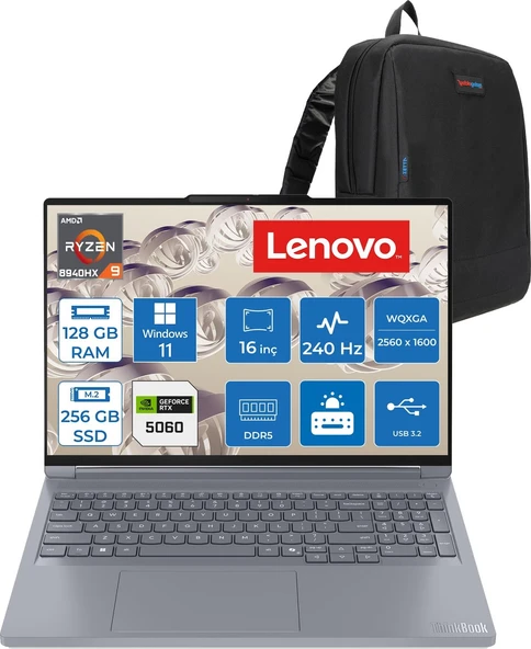 Lenovo Thinkbook 16P Gen6 Adr Amd Ryzen™ 9 8940HX Aı 128GB Ddr5 256GB SSD RTX5060/8GB 115W 16" Wqxga (2560X1600) IPS 500NITS 240Hz Hdr™ 400 WIN11HOME Gaming Bilgisayar 21U00014TXH36+ZETTAÇANTA ürün görseli 1