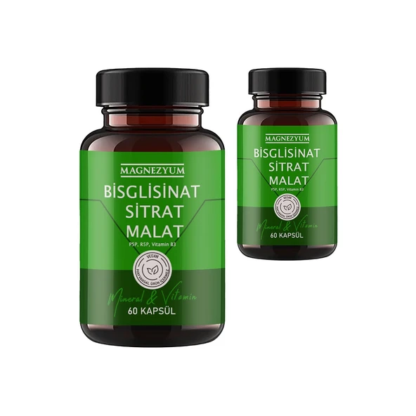 Magnezyum 2 Kutu Bisglisinat magnezyum sitrat malat & vitamin b2 B3 B6  ve mineral kapsülleri 60lı ürün görseli 1