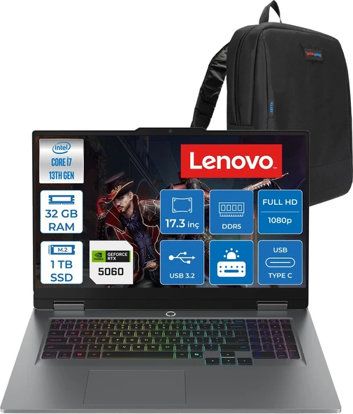 Lenovo Loq 17IRX10 Intel Core I7 13650HX 32GB Ddr5 1tb SSD RTX5060 8gb 115W Freedos 17.3 Inç Fhd (1920X1080) IPS 300NITS 165HZ 100% Srgb Taşınabilir Bilgisayar W83JH006ETRF14 + Zetta Çanta ürün görseli 1
