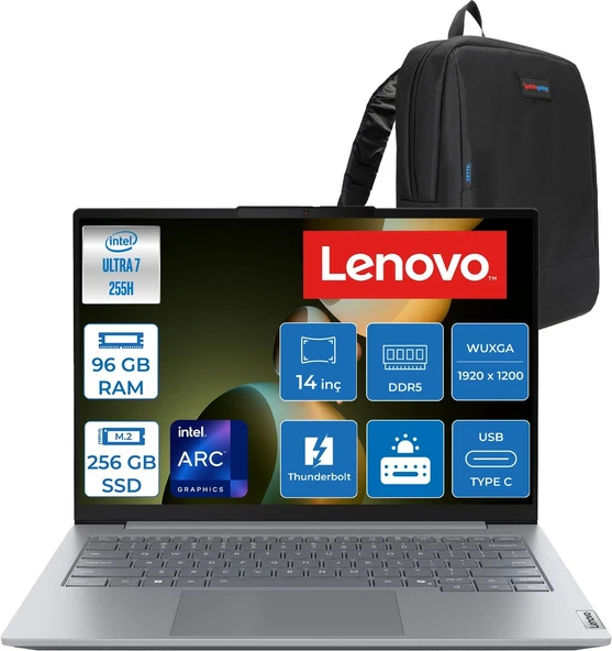 Lenovo Thinkbook 14 Gen8 Ial Intel Core Ultra 7 255H 5.1ghz 96GB Ddr5 256GB SSD Freedos Intel Arc 140T 14 Inç Wuxga (1920 x 1200) IPS 300NITS Taşınabilir Bilgisayar 21SJ007ATXF50 + Zetta Çanta ürün görseli 1