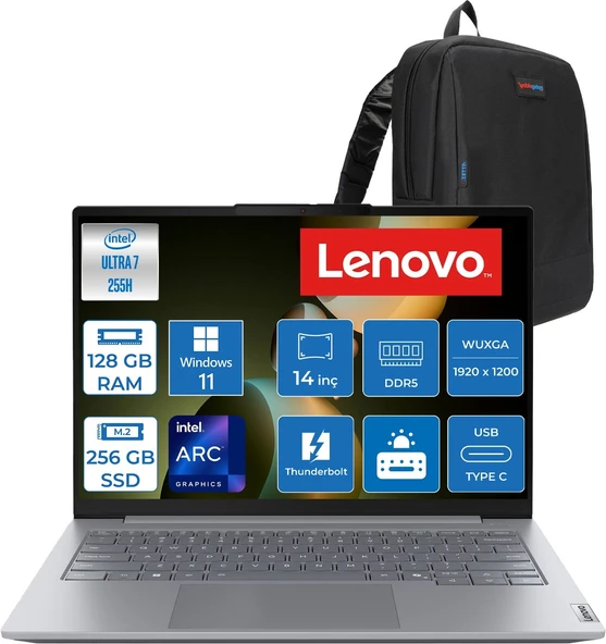 Lenovo Thinkbook 14 Gen8 Ial Intel Core Ultra 7 255H 5.1ghz 128GB Ddr5 256GB SSD Windows 11 Pro Intel Arc 140T 14 Inç Wuxga (1920 x 1200) IPS 300NITS Taşınabilir Bilgisayar 21SJ007ATXP57 + Zetta Çanta ürün görseli 1