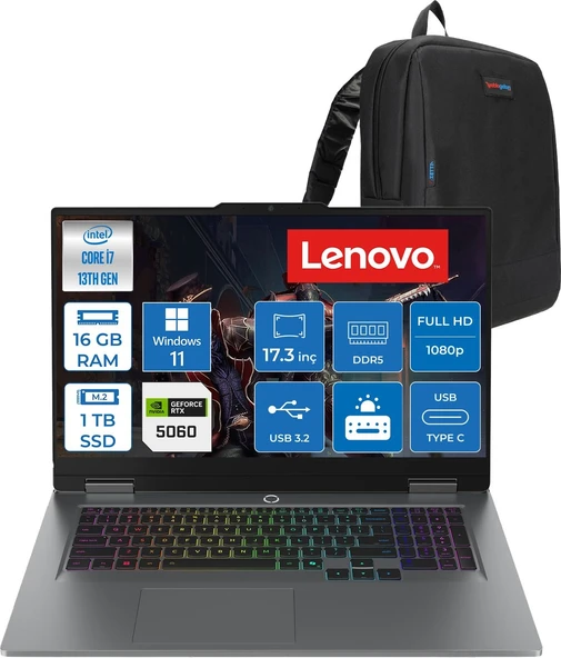Lenovo Loq 17IRX10 Intel Core I7 13650HX 16GB Ddr5 1tb SSD RTX5060 8gb 115W Windows 11 Home 17.3 Inç Fhd (1920X1080) IPS 300NITS 165HZ 100% Srgb Taşınabilir Bilgisayar W83JH006ETRH02 + Zetta Çanta ürün görseli 1