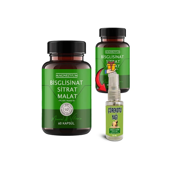Magnezyum 2 Ad Bisglisinat magnezyum sitrat malat & vitamin b2 B3 B6 Caps 60lı + Çörek Otu Yağ ürün görseli 1