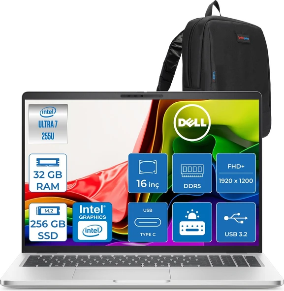 Dell Pro 16 Intel Core Ultra 7 255U 5.2ghz 32GB Ddr5 256GB SSD Freedos Intel® Aı Boost 16 Inç IPS Fullhd+ (1920X1200) Taşınabilir Bilgisayar PC16250BTO107F11 + Zetta Çanta ürün görseli 1