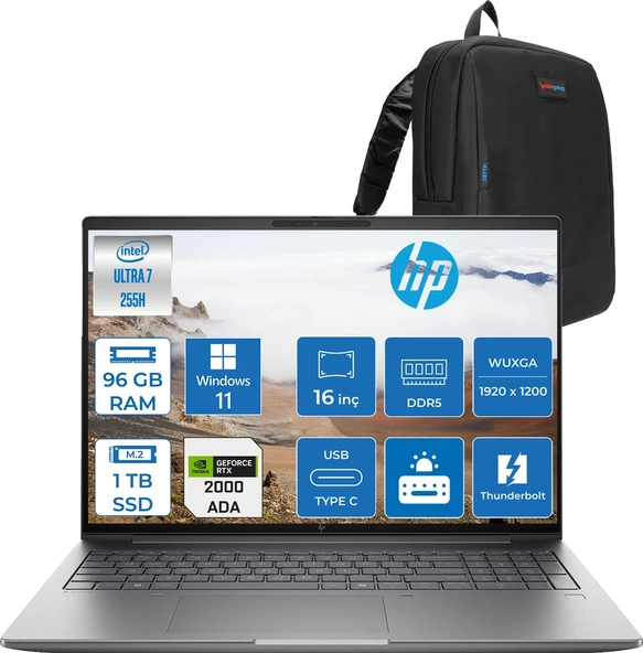 Hp Zbook x G1I Intel Core Ultra 7 265H 96GB Ddr5 1tb SSD 8GB/RTXPRO2000 Blackwell 16" Wuxga Düşük Mavi Işık 400NIT %100 Srgb Windows 11 Pro Taşınabilir Iş Istasyonu B30HNESP22 + Zettaçanta ürün görseli 1