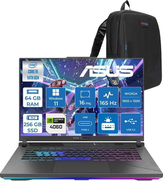 Asus Rog Strix G16 G614JVR 14. Nesil Intel I9-14900HX 64GB Ddr5 256GB SSD RTX4060/8GB 140W 16 Inç (1920 x 1200, Wuxga) 165Hz IPS WIN11PRO Gaming Bilgisayar WN3095P21+ZETTAÇANTA ürün görseli 1