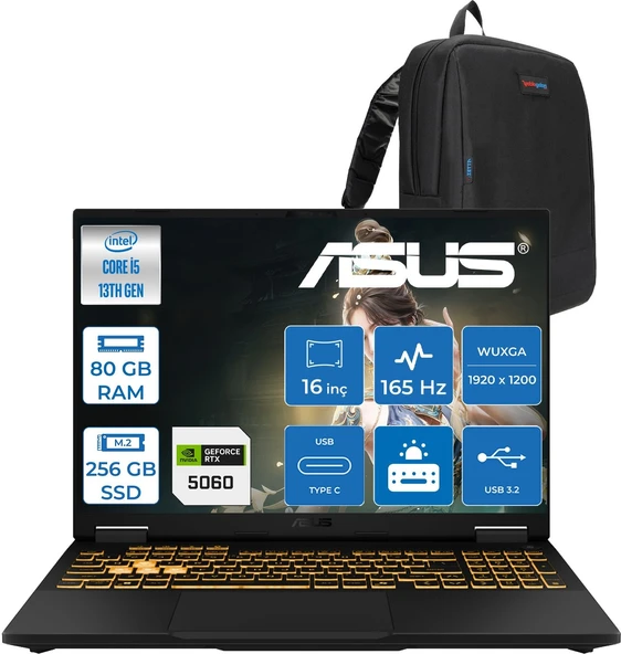 Asus Tuf Gaming F16 FX608JM Intel® Core™ I5 13450HX 80GB Ddr5 256GB SSD RTX5060/8GB 115W 16 Inç 165Hz Fhd+ 16:10 (1920 x 1200, Wuxga)  Freedos Taşınabilir Bilgisayar RV073F26+ZETTAÇANTA ürün görseli 1