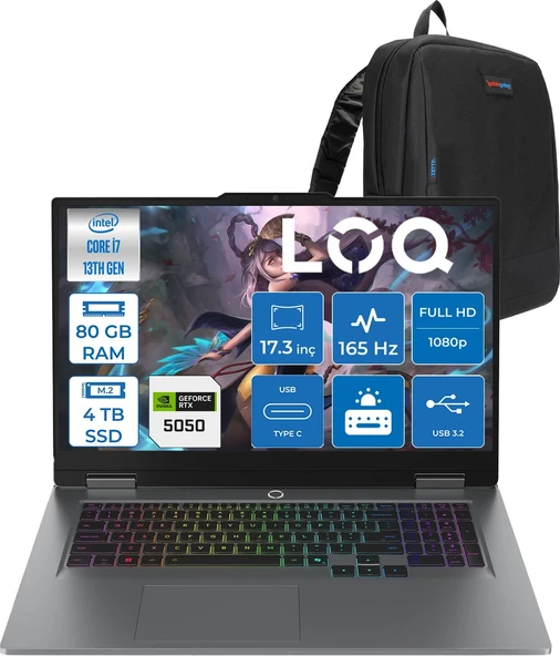 Lenovo Loq 17IRX10 Intel Core I7 13650HX 80GB Ddr5 4tb SSD RTX5050 8gb 115W Freedos 17.3 Inç Fhd (1920X1080) IPS 300NITS 165HZ 100% Srgb Taşınabilir Bilgisayar W83JH006CTRF40 + Zetta Çanta ürün görseli 1