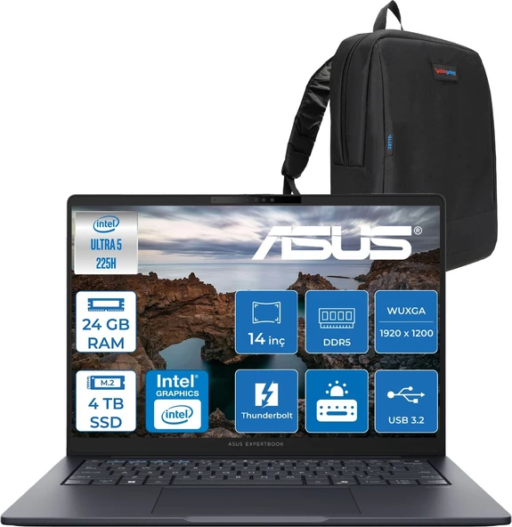 Asus Expertbook B5 B5405CCA Intel® Core™ Ultra 5 225H 24GB Ddr5 4tb SSD 14.0-Inch, Wuxga (1920 x 1200) 300NITS Freedos Taşınabilir Bilgisayar U516512B0DF10+ZETTAÇANTA ürün görseli 1