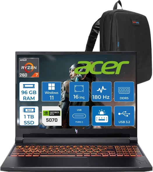 Acer Nitro V 16S Aı Amd Ryzen™ 7 260 96GB Ddr5 1tb SSD 8GB/RTX5070 95W 16"qhd+ 2560X1600 180Hz IPS WIN11HOME Gaming Bilgisayar. NHQYYEY001H28+ZETTAÇANTA ürün görseli 1