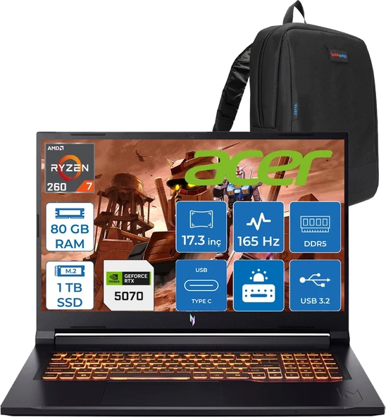 Acer Nitro V17 ANV17 Aı Amd Ryzen™ 7 260 80GB Ddr5 1tb SSD 8GB/RTX5070 85W 17.3"wqxga 2560X1440 165Hz IPS Freedos Gaming Bilgisayar. NHQZKEY001F23+ZETTAÇANTA ürün görseli 1
