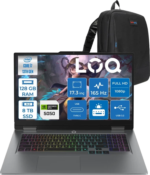 Lenovo Loq 17IRX10 Intel Core I7 13650HX 128GB Ddr5 8tb SSD RTX5050 8gb 115W Freedos 17.3 Inç Fhd (1920X1080) IPS 300NITS 165HZ 100% Srgb Taşınabilir Bilgisayar W83JH006CTRF54 + Zetta Çanta ürün görseli 1