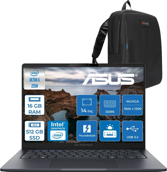 Asus Expertbook B5 B5405CCA Intel® Core™ Ultra 5 225H 16GB Ddr5 512GB SSD 14.0-Inch, Wuxga (1920 x 1200) 300NITS Freedos Taşınabilir Bilgisayar U516512B0DF02+ZETTAÇANTA ürün görseli 1