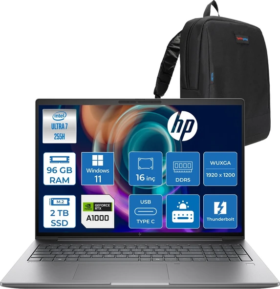 Hp Zbook x G1I Ultra 7 255H 96GB Ddr5 2tb SSD 8GB/RTXPRO1000 16" Wuxga Düşük Mavi Işık 400NIT %100 Srgb Windows 11 Pro Taşınabilir Iş Istasyonu B30HLESP23 + Zettaçanta ürün görseli 1