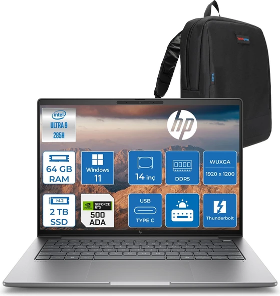 Hp Zbook 8 G1I Ultra 9 285H 64GB Ddr5 2tb SSD 4GB/RTXA500 14" Wuxga 300 Nit Windows 11 Pro Taşınabilir Iş Istasyonu B30HPESP23 + Zettaçanta ürün görseli 1
