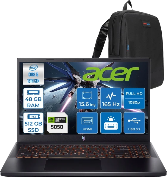 Acer Nitro V 15 ANV15 Intel®core™ I5 13420H 48GB 512GB SSD RTX5050/8GB 75W 15.6 Inç 165Hz Fhd 1920X1080 IPS  Freedos Gaming Bilgisayar NHQZ7EY003F17+ZETTAÇANTA ürün görseli 1