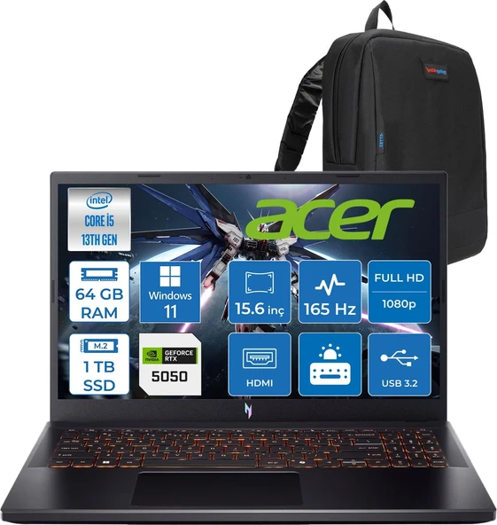 Acer Nitro V 15 ANV15 Intel®core™ I5 13420H 64GB 1tb SSD RTX5050/8GB 75W 15.6 Inç 165Hz Fhd 1920X1080 IPS  WIN11PRO Gaming Bilgisayar NHQZ7EY003P23+ZETTAÇANTA ürün görseli 1